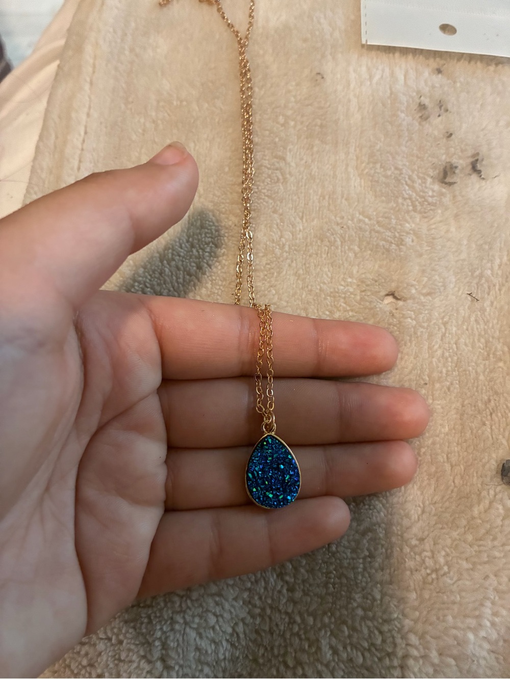 Blue Teardrop Druzy Pendant Gold Chain Necklace — image 2 of 6